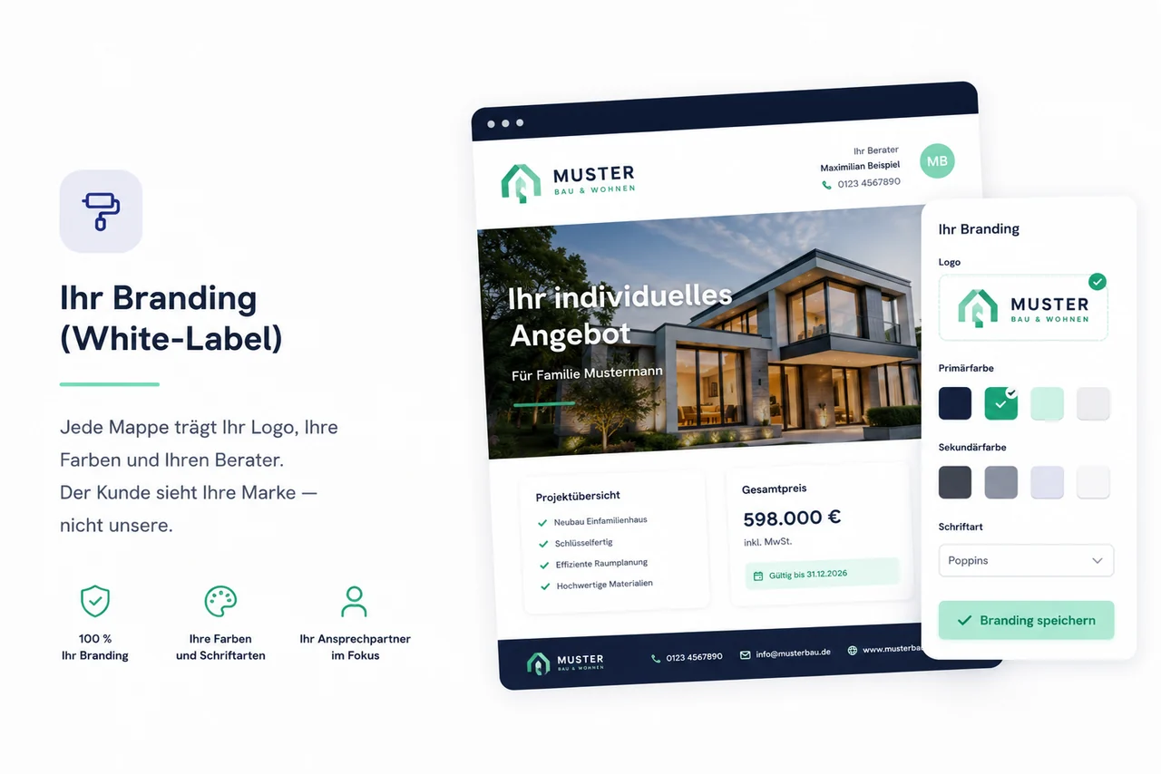 Ihr Branding (White-Label) – jede Mappe mit Ihrem Logo, Ihren Farben und Ihrem Berater.