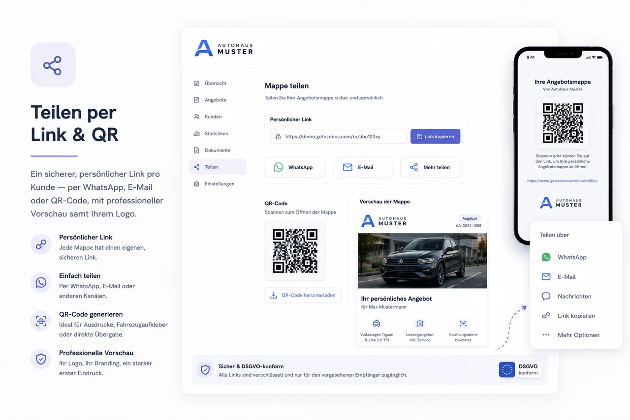 Teilen per Link & QR – ein sicherer, persönlicher Link pro Kunde via WhatsApp, E-Mail oder QR-Code.